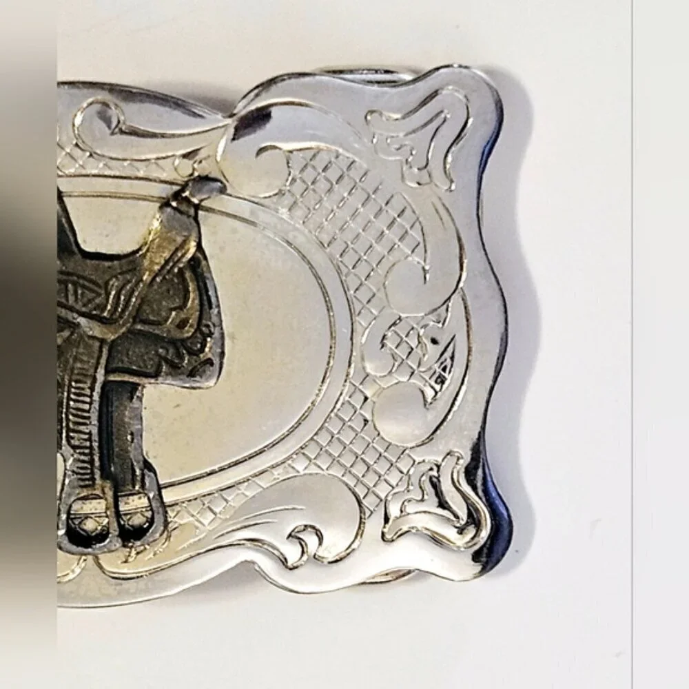 Vintage Belt Buckle Made In USA Silver Tone Brass Saddle Filigree Design